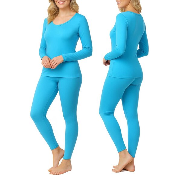 Women Microfiber Fleece Thermal Set Base Layer Top & Bottom, Winter Warm, Blue - Picture 3 of 3